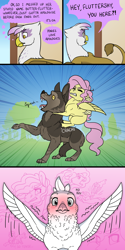 Size: 2000x4000 | Tagged: safe, artist:jackiebloom, character:fluttershy, character:gilda, species:griffon, species:pegasus, species:pony, species:wolf, ship:gildashy, blushing, chiropractic, dire wolf, female, lesbian, mare, massage, missing cutie mark, shipping, spread wings, wingboner, wings