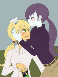 Size: 2448x3264 | Tagged: safe, artist:haibaratomoe, character:applejack, character:rarity, ship:rarijack, my little pony:equestria girls, alternate hairstyle, blushing, drunk, eyes closed, female, hand on head, hands on head, holding head, kissing, lesbian, shipping