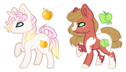 Size: 827x474 | Tagged: safe, artist:colacan-dy, artist:sweet-psycho-uwu, parent:applejack, parent:big macintosh, parent:rarity, parent:trouble shoes, parents:rarijack, parents:troublemac, species:earth pony, species:pony, species:unicorn, apple, cutie mark, female, food, gold apple, half apple, magical gay spawn, magical lesbian spawn, male, mare, offspring, raised hoof, stallion