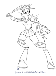 Size: 995x1357 | Tagged: safe, artist:short circuit, character:shining armor, species:anthro, 30 minute art challenge, armor, female, gleaming shield, monochrome, rule 63, shield, solo, sword