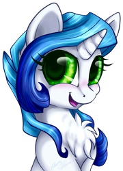 Size: 1751x2434 | Tagged: safe, artist:gleamydreams, oc, oc only, oc:gleamy, species:pony, species:unicorn, blue hair, chest fluff, digital art, female, green eyes, looking at you, mare, no clothes, signature, smiling, solo