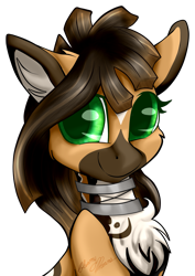 Size: 1621x2295 | Tagged: safe, artist:gleamydreams, oc, oc only, oc:acacia flower, species:earth pony, species:pony, body markings, brown hair, chest fluff, ear fluff, female, green eyes, jewelry, looking at you, mare, necklace, smiling, spots