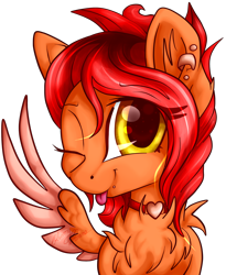 Size: 1800x2199 | Tagged: safe, artist:gleamydreams, oc, oc only, oc:fireblitz, species:pegasus, species:pony, chest fluff, ear fluff, golden eyes, jewelry, looking at you, necklace, one eye closed, piercing, red hair, smiling, solo, tongue out, wink