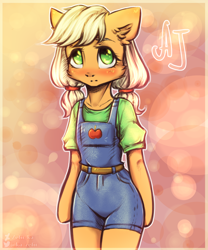Size: 2000x2400 | Tagged: safe, artist:zefirka, character:applejack, species:anthro, species:unguligrade anthro, arm hooves, blushing, clothing, cute, female, filly, filly applejack, jackabetes, little, pigtails, solo, twintails, younger