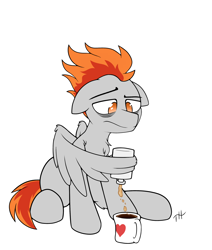 Size: 2750x3250 | Tagged: safe, artist:fakskis, oc, oc only, species:pegasus, species:pony, alcohol, bags under eyes, bottle, chest fluff, coffee, coffee mug, commission, depressed, floppy ears, male, mug, no pupils, sad, simple background, sitting, solo, stallion, white background, wing hands, wings