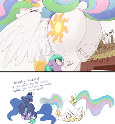 Size: 1500x1626 | Tagged: safe, artist:raps, character:princess celestia, character:princess luna, species:alicorn, species:earth pony, species:pony, accident, butt, butt crush, butt destruction, comic, cowering, crying, destruction, dialogue, digital art, double facewing, embarrassed, facewing, female, filly, floppy ears, frown, glare, grumpy, hiding, hiding behind wing, horrified, hug, looking back, mare, nose wrinkle, open mouth, plot, prone, raised hoof, raised tail, royal sisters, simple background, spread wings, squishy cheeks, sunbutt, table, tail, the ass was fat, toothpick, white background, wide eyes, wing fluff, winghug, wings