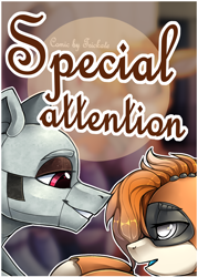 Size: 2500x3500 | Tagged: safe, artist:trickate, oc, oc only, oc:dorn, oc:kiva, species:pony, comic:special attention, bedroom eyes, comic, cover, cover art, grin, kirn, lidded eyes, looking at each other, oc x oc, robot, robot pony, shipping, smiling, text