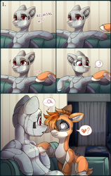 Size: 2520x3978 | Tagged: safe, artist:trickate, oc, oc only, oc:dorn, oc:kiva, species:pony, comic:special attention, bed, comic, couch, hair over one eye, kirn, lidded eyes, looking at each other, oc x oc, pictogram, question mark, robot, robot pony, shipping, sitting