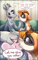 Size: 2520x3978 | Tagged: safe, artist:trickate, oc, oc only, oc:dorn, oc:kiva, species:pony, comic:special attention, bedroom eyes, comic, couch, dialogue, faceless male, imminent kissing, kirn, lidded eyes, male, oc x oc, offscreen character, robot, robot pony, shipping, sitting, smiling