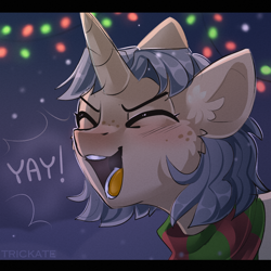 Size: 2500x2500 | Tagged: safe, artist:trickate, oc, oc only, oc:trickate, species:pony, species:unicorn, blushing, bust, clothing, lights, portrait, scarf, snow, solo, winter, yay