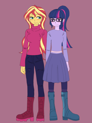 Size: 2448x3264 | Tagged: safe, artist:haibaratomoe, character:sunset shimmer, character:twilight sparkle, character:twilight sparkle (scitwi), species:eqg human, ship:scitwishimmer, ship:sunsetsparkle, equestria girls:holidays unwrapped, g4, my little pony: equestria girls, my little pony:equestria girls, spoiler:eqg series (season 2), boots, clothing, female, lesbian, shipping, shoes, winter outfit