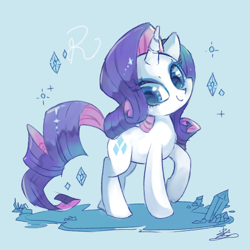 Size: 850x850 | Tagged: safe, artist:sibashen, character:rarity, species:pony, species:unicorn, blue background, crystal, cute, diamond, female, looking at you, mare, raised hoof, raribetes, simple background, solo
