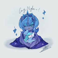 Size: 850x850 | Tagged: safe, artist:sibashen, character:princess celestia, character:princess luna, species:alicorn, species:pony, :>, :o, c:, crown, cute, eyeshadow, female, filly, good night, jewelry, lunabetes, makeup, mare, misspelling, one eye closed, open mouth, plushie, regalia, simple background, smiling, solo, sparkles, teary eyes, white background, wink