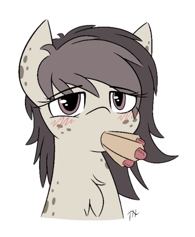 Size: 394x480 | Tagged: safe, artist:fakskis, oc, oc only, oc:polka dot, species:pony, animated, bedroom eyes, blushing, chest fluff, eyebrow wiggle, female, food, frame by frame, freckles, gentlemen, gif, hot dog, loop, meat, mouthful, ponies eating meat, sausage, simple background, solo, squigglevision, white background
