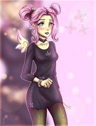 Size: 2000x2600 | Tagged: safe, artist:zefirka, character:fluttershy, species:human, my little pony:equestria girls, alternate hairstyle, breasts, cheekbones, choker, clothing, digital art, dress, female, floating wings, hair bun, socks, solo, stockings, thigh highs, wings, zoom layer