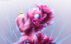 Size: 1280x800 | Tagged: safe, artist:jadekettu, character:pinkie pie, species:earth pony, species:pony, g4, caffeine, coffee, creepy, creepy smile, detailed, electricity, featured on derpibooru, female, gradient background, gray background, hoof hold, hypercaffinated, lightning, looking at you, looking back, mare, mug, pinkie found the coffee, powering up, shrunken pupils, simple background, sitting, smiling, solo, steam, this will not end well, underhoof, wide eyes, xk-class end-of-the-world scenario