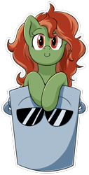 Size: 540x1063 | Tagged: safe, artist:php135, artist:suspega, oc, oc only, oc:withania nightshade, species:earth pony, species:pony, bucket, c:, collaboration, female, if i fits i sits, looking at you, mare, simple background, smiling, solo, sunglasses, transparent background
