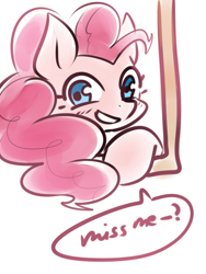 Size: 600x800 | Tagged: safe, artist:norang94, character:pinkie pie, species:pony, bust, cute, dialogue, diapinkes, female, looking at you, mare, portrait, smiling, solo, speech bubble