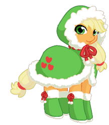 Size: 435x501 | Tagged: safe, artist:norang94, character:applejack, species:earth pony, species:pony, christmas stocking, cloak, clothing, cute, female, hatless, hood, jackabetes, looking at you, mare, missing accessory, simple background, solo, transparent background, winter outfit