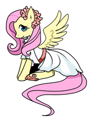 Size: 462x631 | Tagged: safe, artist:norang94, character:fluttershy, species:pegasus, species:pony, clothing, cute, dress, female, hair accessory, hoof shoes, looking at you, mare, profile, shyabetes, simple background, sitting, solo, spread wings, spring, white background, white dress, wings