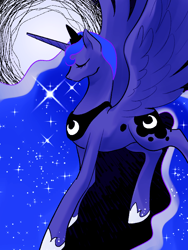Size: 600x800 | Tagged: safe, artist:norang94, character:princess luna, species:alicorn, species:pony, eyes closed, female, mare, moon, solo, spread wings, wings