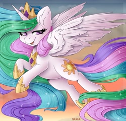 Size: 1024x984 | Tagged: safe, artist:sk-ree, character:princess celestia, species:alicorn, species:pony, chibi, crown, female, hoof shoes, jewelry, mare, peytral, regalia, solo, spread wings, wings