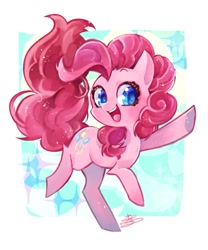 Size: 853x1024 | Tagged: safe, artist:sibashen, character:pinkie pie, species:earth pony, species:pony, colored pupils, cute, diapinkes, female, looking at you, mare, open mouth, smiling, solo, underhoof