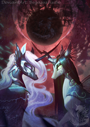 Size: 1068x1511 | Tagged: safe, artist:begasus, character:nightmare moon, character:princess luna, character:queen chrysalis, species:alicorn, species:changeling, species:pony, ship:chrysmoon, changeling queen, duo, female, lesbian, mare, shipping