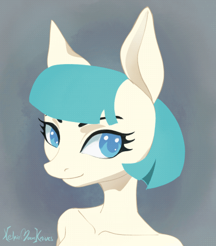Size: 421x480 | Tagged: safe, artist:kelpiemoonknives, character:coco pommel, species:anthro, species:earth pony, species:pony, animated, bare shoulder portrait, bare shoulders, bust, female, gif, gray background, mare, portrait, simple background, solo