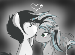 Size: 1024x757 | Tagged: safe, artist:bamboodog, oc, oc only, blushing, kissing, monochrome, shipping, tail wiggle
