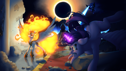 Size: 3840x2160 | Tagged: safe, artist:ohemo, character:daybreaker, character:nightmare moon, character:princess celestia, character:princess luna, character:twilight sparkle, character:twilight sparkle (alicorn), species:alicorn, species:pony, blast, charging, cutie mark, eclipse, epic, fight, grin, high res, magic, magic blast, mane of fire, smiling