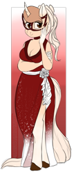 Size: 700x1596 | Tagged: safe, artist:nomipolitan, oc, oc only, species:anthro, species:pony, species:unguligrade anthro, species:unicorn, breasts, cleavage, clothing, dress, female, side slit, solo