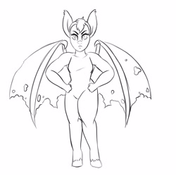 Size: 4000x4000 | Tagged: safe, artist:nomipolitan, oc, species:anthro, species:bat pony, species:unguligrade anthro, bat pony oc, lineart, monochrome, simple background, solo, spread wings, white background, wings