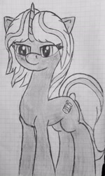 Size: 1693x2816 | Tagged: safe, artist:zeka10000, oc, unnamed oc, species:pony, species:unicorn, female, graph paper, mare, monochrome, solo, standing, traditional art