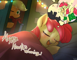 Size: 2800x2200 | Tagged: safe, artist:renokim, character:apple bloom, character:applejack, species:alicorn, species:earth pony, species:pony, adorabloom, alicornified, bed, blanket, bloomicorn, christmas, cute, dream, drool, duo, eyes closed, female, filly, holiday, hoof hold, mare, one eye closed, open mouth, pillow, present, race swap, sleeping, thought bubble