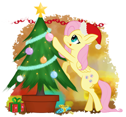 Size: 1649x1528 | Tagged: safe, artist:underwoodart, character:fluttershy, species:pegasus, species:pony, blep, christmas, christmas ball, christmas decoration, christmas tree, clothing, decorating, female, folded wings, hat, hearth's warming, holiday, present, profile, santa hat, simple background, solo, tongue out, transparent background, tree, wings