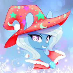 Size: 554x554 | Tagged: source needed, safe, artist:lolopan, edit, character:trixie, species:pony, species:unicorn, bust, christmas, clothing, cute, diatrixes, female, grin, hat, holiday, mare, portrait, smiling, solo
