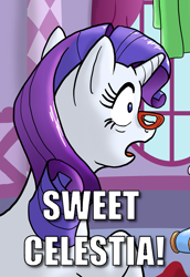 Size: 817x1189 | Tagged: safe, artist:muffinshire, edit, character:rarity, caption, cropped, female, glasses, image macro, rarity's glasses, reaction image, shocked, solo, sweet celestia, text