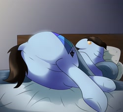 Size: 3500x3200 | Tagged: safe, alternate version, artist:wolftendragon, edit, oc, oc only, species:earth pony, species:pony, android, bed, butt, connor, crossover, detroit: become human, dock, featureless crotch, floppy ears, male, on bed, pillow, plot, ponified, rk800, robot, sfw edit, sleeping, solo, stallion, underhoof