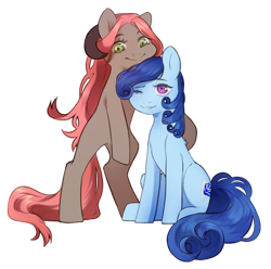 Size: 1000x992 | Tagged: safe, artist:dagmell, oc, oc only, oc:luurei, oc:raylanda, species:earth pony, species:pony, 2020 community collab, derpibooru community collaboration, cute, female, hug, looking at you, mare, one eye closed, simple background, smiling, transparent background