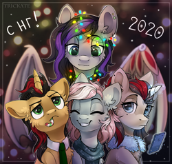 Size: 3100x2955 | Tagged: safe, artist:trickate, oc, oc only, species:earth pony, species:pegasus, species:pony, species:unicorn, candy, christmas, clothing, food, holiday, lights, magic, necktie, scarf