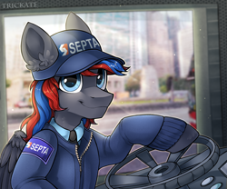 Size: 3000x2500 | Tagged: safe, artist:trickate, oc, oc only, oc:smooth walker, species:pegasus, species:pony, bus, bust, cap, clothing, driver, hat, looking at you, male, necktie, philadelphia, portrait, septa, smiling, smiling at you, solo, stallion, uniform