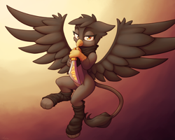 Size: 3000x2400 | Tagged: safe, artist:ohemo, oc, oc only, species:griffon, abstract background, bandana, female, flying, griffon oc, leg warmers, looking at you, solo, spread wings, sword, weapon, wings
