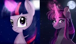 Size: 1280x749 | Tagged: safe, artist:wanderingpegasus, character:twilight sparkle, species:pony, art evolution, comparison, curved horn, female, glowing horn, horn, magic, moon, night, redraw, solo