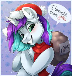 Size: 2939x3100 | Tagged: safe, artist:trickate, oc, oc only, oc:hawkguy, species:pony, species:unicorn, clothing, hat, looking at you, male, scarf, smiling at you, stallion, talking to viewer