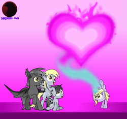 Size: 3059x2865 | Tagged: safe, artist:darktailsko, character:derpy hooves, character:dinky hooves, oc, oc:fireworks shadow, oc:silver shadow, parent:derpy hooves, parents:canon x oc, species:bat pony, species:pony, species:unicorn, canon x oc, family, female, foal, gift art, handstand, male, mare, offspring, parent:oc:silver shadow, shipping, silvergunner, stallion, straight, upside down, vampire