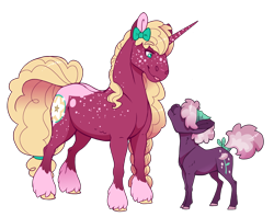 Size: 3280x2600 | Tagged: safe, artist:jackiebloom, oc, oc:ambrosia apple, oc:crystal corolla, parent:big macintosh, parent:cheerilee, parent:sugar belle, parents:sugarlee, parents:sugarmac, species:earth pony, species:pony, species:unicorn, brother and sister, female, half-siblings, magical lesbian spawn, male, mare, offspring, realistic horse legs, siblings, simple background, size difference, socks (coat marking), stallion, trans male, transgender, transparent background