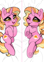 Size: 539x747 | Tagged: safe, artist:techycutie, character:luster dawn, species:pony, species:unicorn, episode:the last problem, g4, my little pony: friendship is magic, bedroom eyes, blushing, body pillow, body pillow design, butt, cute, dakimakura cover, luster donk, lusterbetes, lying down, obtrusive watermark, one eye closed, plot, ponytail, solo, tongue out, watermark, wink