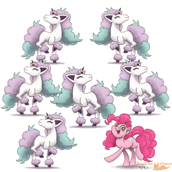 Size: 3000x3000 | Tagged: safe, artist:floofyfoxcomics, character:pinkie pie, species:earth pony, species:pony, crossover, galarian ponyta, high res, one of these things is not like the others, pokémon, ponyta, simple background, transparent background