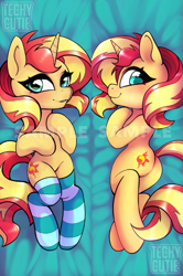 Size: 531x798 | Tagged: safe, artist:techycutie, character:sunset shimmer, species:pony, species:unicorn, body pillow, body pillow design, butt, clothing, cute, female, plot, shimmerbetes, socks, solo, striped socks